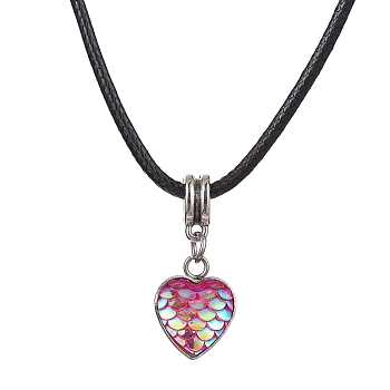 Heart with Fish Scale Shape 304 Stainless Steel with Resin Pendant Necklaces, with Imitation Leather Cords, Hot Pink, 17.52 inch(44.5cm)