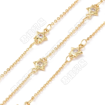 Clear Cubic Zirconia Star Link Chains, with Brass Cable Chains, Unwelded, Cadmium Free & Nickel Free & Lead Free, Real 18K Gold Plated, 9x6x1.5mm, about 3.28 Feet(1m)/Box