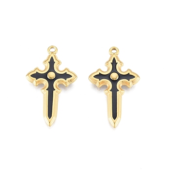 Ion Plating(IP) 304 Stainless Steel Pendants, with Enamel, Cross, Real 18K Gold Plated, 33.5x20x3.5mm, Hole: 1.5mm