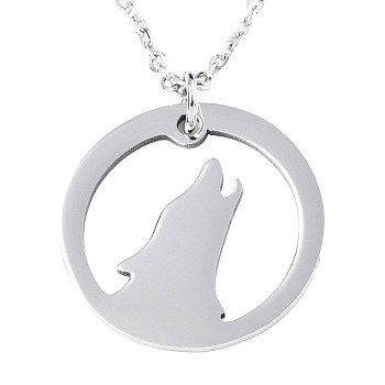 201 Stainless Steel Pendant Necklaces, with Cable Chains and Lobster Claw Clasps, Wolf, Stainless Steel Color, 17.71 inch(45cm), 1.5mm
