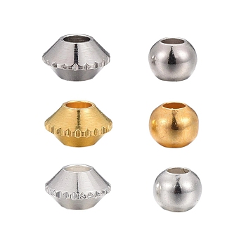900Pcs 6 Style Brass Spacer Beads, Bicone & Round, Golden & Silver & Platiunm