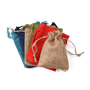 Polyester Imitation Burlap Packing Pouches Drawstring Bags, Mixed Color, 9x7cm