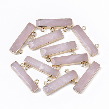 Natural Rose Quartz Charms, with Edge Golden Plated Iron Loops, Rectangle, 11x30.5x5mm, Hole: 1.8mm