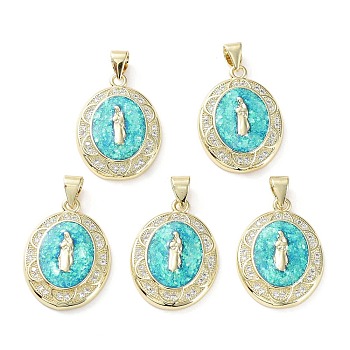 Rack Plating Brass Micro Pave Clear Cubic Zirconia Pendants, with Synthetic Opal, Cadmium Free & Lead Free, Long-Lasting Plated, Real 18K Gold Plated, Flat Round, Oval, 22.5x17x4mm, Hole: 5x3.5mm