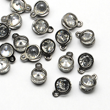 Flat Round Alloy Charms, with Cubic Zirconia, Gunmetal, 11x8x5mm, Hole: 1.5mm