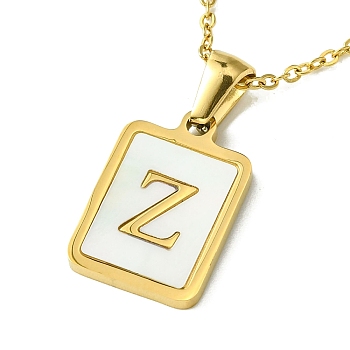 Ion Plating(IP) Rectangle with Initial Letter 304 Stainless Steel Pendant Necklace, white Shell, Real 18K Gold Plated, Letter Z, 16.06 inch(40.8cm)