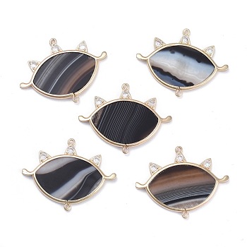 Natural Black Agate Links Connectors, with Brass Micro Pave Cubic Zirconia Findings, Eye, Light Gold, 31.5x41~41.5x2.5mm, Hole: 1.4mm