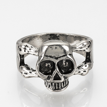 Alloy Finger Rings, Wide Band Rings, Skull, Antique Silver, Size 9, 19mm