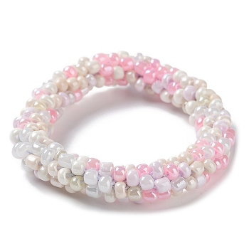 Crochet Glass Beads Braided Stretch Bracelet, Nepel Boho Style Bracelet, Pink, Inner Diameter: 1-3/4 inch(4.5cm)