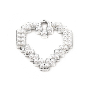 Alloy Pendaants, ABS Plastic Imitation Pearl Beads Heart Charms, Platinum, 16.5x17.5x2~2.5mm, Hole: 1.6~1.8mm
