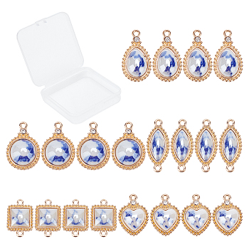 SUNNYCLUE Porcelain Pendants, with Light Gold Plated Brass Findings and Crystal Rhinestone, Teardrop, Light Gold, Royal Blue, 24x14x5mm, Hole: 1.8mm, 20pcs/box