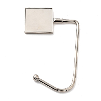 Zinc Alloy Bag Hangers, Purse Hooks, with Thick Right Angled Hook, Square, Platinum, 9.9~11.3x6.8x0.4~0.7cm, Tray: 3.3x3.3cm