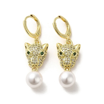 Leopard Head Real 18K Gold Plated Brass Micro Pave Cubic Zirconia Dangle Leverback Earrings, ABS Imitation Pearl Drop Earrings, Green, 38~39.5x11.5mm
