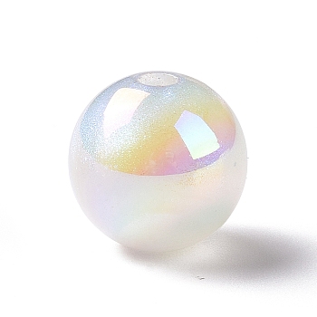 UV Plating Rainbow Iridescent Acrylic Beads, with Glitter Powder, Round, White, 12.5~13mm, Hole: 2.5mm