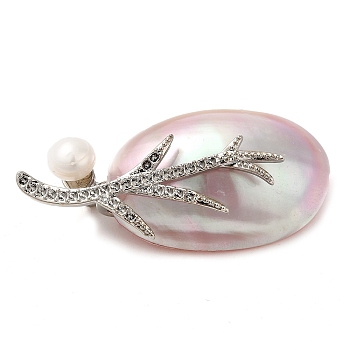 Oval Natural Dyed White Shell Brooches for Women, with Brass Pin & Pearl, Lavender Blush, 24~24.5x49.5~57x14~18.5mm