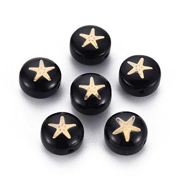 Handmade Lampwork Beads, with Golden Plated Brass Etched Metal Embellishments, Flat Round with Star, Black, 8x5~6mm, Hole: 0.8mm