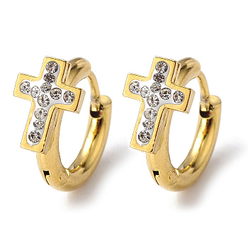 Crystal Rhinestone Cross Hoop Earrings, Vacuum Plating 202 Stainless Steel Earrings with 304 Stainless Steel Pins for Women, Golden, 14x17x2.5mm, Pin: 1mm