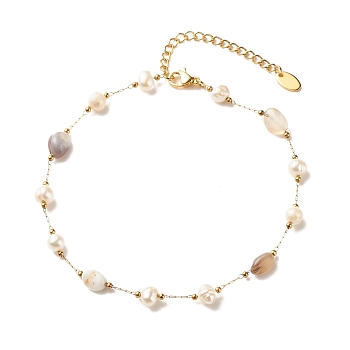 Natural Botswana Agate & Pearl Beaded Anklet, Gold Plated Stainless Steel Jewelry for Women, 9.65~9.92 inch(245~252mm)