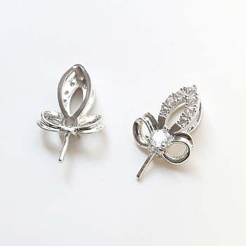 Brass Pave Clear Cubic Zirconia Leaf Head Pins, for Baroque Pearl Making, Platinum, 16x11mm