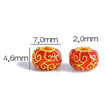 Brass Enamel Beads, Golden, Rondelle with Auspicious Clouds, Red, 7x4.6mm, Hole: 2mm