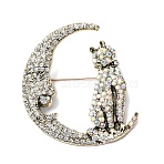 Alloy Rhinestpne Kilt Pins for Backpack Clothes, Moon with Cat, Colorful, 54x49.5mm(JEWB-L024-04AG)
