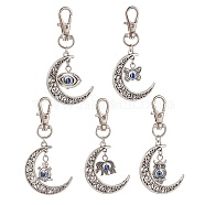 Tibetan Style Alloy Crescent Moon with Animal Pendant Decorations with Resin Evi Eye, Lobster Clasp Charms, Butterfly/Elephant/Owl, Antique Silver, 7.1cm(HJEW-JM00874)