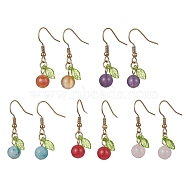 Mixed Natural Gemstone Beaded Dangle Earrings, Round & Leaf, Golden 304 Stainless Steel Jewelry for Women, 34~35x11~13mm(EJEW-JE05492)