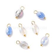 Electroplate Glass Pendants, with Golden Plated Brass Loops, Faceted, Oval, Cornflower Blue, 13~14x6~6.5x4~4.5mm, Hole: 2~3mm(PALLOY-JF01541-04)