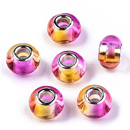Transparent Two Tone Resin European Beads, Large Hole Beads, with Silver Tone Brass Double Cores, Rondelle, Magenta, 14x9.5mm, Hole: 5mm(RPDL-T003-002H)