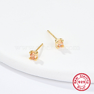 Golden Sterling Silver Micro Pave Cubic Zirconia Stud Earring, Square, Light Salmon, 4x4mm(XN7792-11)