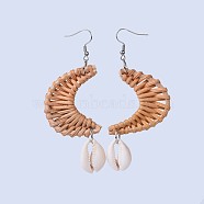 Handmade Reed Cane/Rattan Woven Dangle Earrings, with Cowrie Shell and 304 Stainless Steel Earring Hooks, Moon, Peru, 89mm, Pin: 0.6mm(EJEW-JE03045-04)