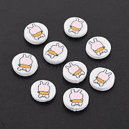 Handmade Polymer Clay Cabochons, Flat Round with Rabbit, White, 9~9.5x1.5~2mm, about 5800pcs/1000g(CLAY-N006-101)