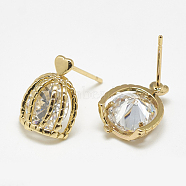 Brass Ear Studs, with Cubic Zirconia, Real 18K Gold Plated, 13x10mm, Pin: 0.7mm(KK-S347-153)