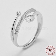 Adjustable Rhodium Plated 925 Sterling Silver Ring Components, For Half Drilled Beads, with Cubic Zirconia, Size 8, Platinum, 18mm, pin: 0.5mm(STER-K038-023P)
