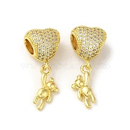 Rack Plating Brass Micro Pave Clear Cubic Zirconia European Dnagle Charms, Heart with Bear Large Hole Pendant, Long-Lasting Plated, Cadmium Free & Lead Free, Real 18K Gold Plated, 28mm, Hole: 5mm, Bear: 15x8x2.5mm(KK-C053-05G)