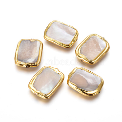 Shell Beads, with Golden Plated Brass Findings, Rectangle, Floral White, Golden, 22~23x16~17x3.5~4mm, Hole: 0.6mm(BSHE-F008-02A)