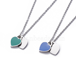 304 Stainless Steel Pendant Necklaces, with Enamel and Cable Chains, Heart, Mixed Color, 17.7 inch(45cm), Pendant: 14.5x11.5x1.5mm(NJEW-E141-33)