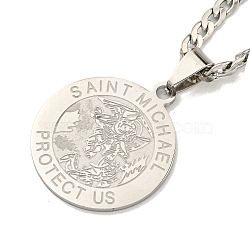 Non-Tarnish Flat Round with Saint Miller Archangel Pendant Necklaces, 304 Stainless Steel Curb Chain Necklaces, Stainless Steel Color, 23.50 inch(59.7cm)(NJEW-S422-03P)