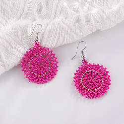 Glass Seed Braided Dangle Earrings for Women, Bohemian Style, Flat Round, Deep Pink, 53x35mm(FIND-PW0024-16E)