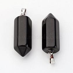 Brass Natural Obsidian Pendants, Bullet, Platinum, Pointed Pendant, 33~36x12mm, Hole: 5x7mm(G-O160-03G)