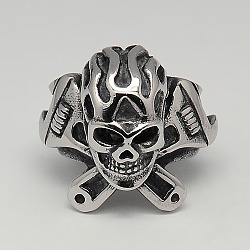 304 Stainless Steel Pirate Style Skull Wide Rings, Antique Silver, 17~23mm(RJEW-F006-279)