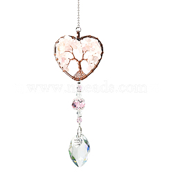 Big Pendant Decorations, Hanging Sun Catchers, with Rose Quartz Beads and K9 Crystal Glass, Heart with Tree of Life, 35.5cm(HJEW-PW0001-005A)