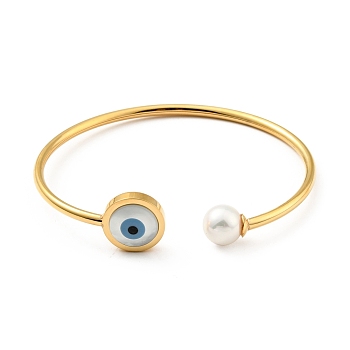 Shell Pearl & Evil Eye Open Cuff Bangle, 304 Stainless Steel Jewelry for Woman, Golden, Inner Diameter: 1-3/4x2-1/4 inch(4.35x5.55cm)