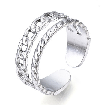304 Stainless Steel Curb Chains Shape Open Cuff Ring for Women, Stainless Steel Color, US Size 6 1/4(16.7mm)
