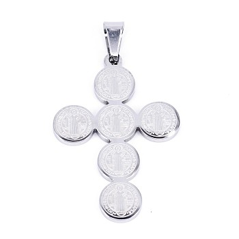 304 Stainless Steel Saint Benedict Medal Cross Pendants, Stainless Steel Color, 43x30x2mm, Hole: 5x9mm