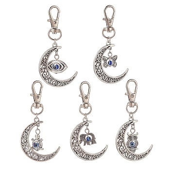 Tibetan Style Alloy Crescent Moon with Animal Pendant Decorations with Resin Evi Eye, Lobster Clasp Charms, Butterfly/Elephant/Owl, Antique Silver, 7.1cm