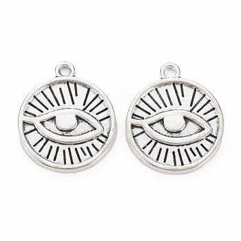 Tibetan Style Alloy Pendants, Cadmium Free & Lead Free, Flat Round with Eye, Antique Silver, 19x22x2mm, Hole: 2mm
