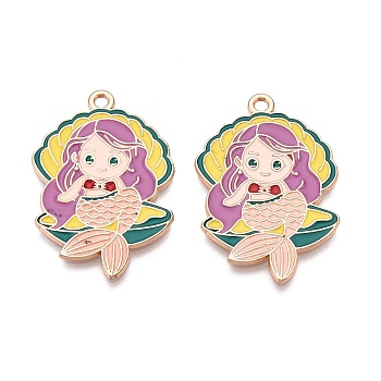 Alloy Enamel Pendants, Lead Free & Cadmium Free, Golden, Shell with Mermaid Charm, Colorful, 33x22.5x1mm, Hole: 1.8mm