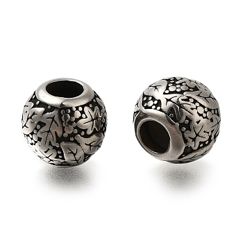 304 Stainless Steel European Beads, Large Hole Beads, Round with Leaf, Antique Silver, 9.5x8.5mm, Hole: 4mm