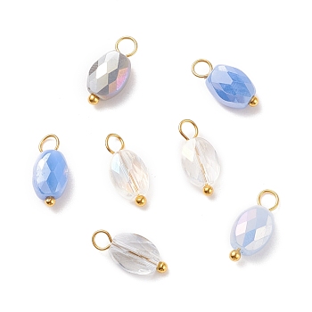Electroplate Glass Pendants, with Golden Plated Brass Loops, Faceted, Oval, Cornflower Blue, 13~14x6~6.5x4~4.5mm, Hole: 2~3mm